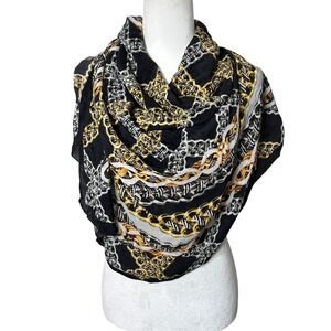 GOTTEX‎ Black Gold Chain Print 100% Silk Scarf Sarong Cover Up Women's OS